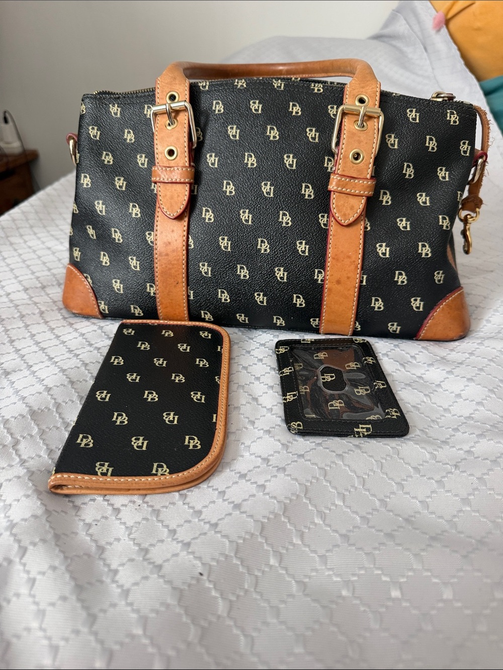 Dooney & Bourke Black and Tan Logo Satchel with Matching Accessories